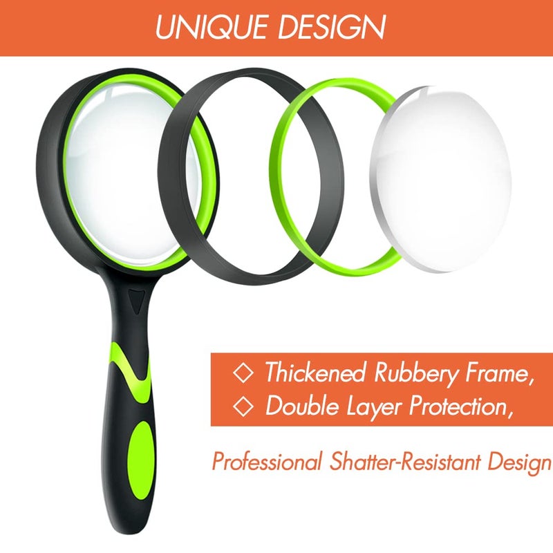 Leffis 2 Pack 10X Magnifying Glass for Seniors & Kids, Non-Slip Handheld Magnifier for Reading, 75mm Magnify Glasses Lens for Close Work, and Hobby Observation Green and Orange - Image 2